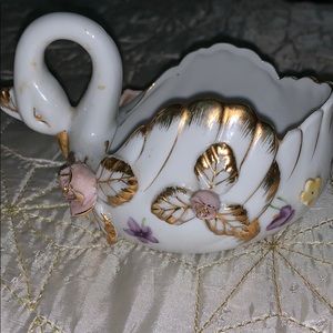Vintage White porcelain swan with gold trim - old